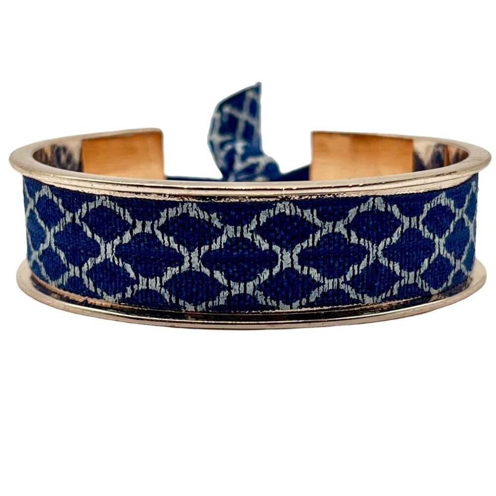 Gold Tone Ribbon Tie Cuff Bracelet Blue White Lattice Pattern Preppy Nautical